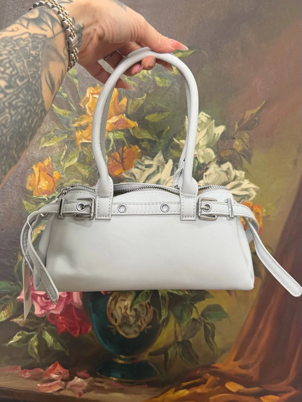 Classic Faux Leather Satchel Handbag- in light gray + extension for cross body
